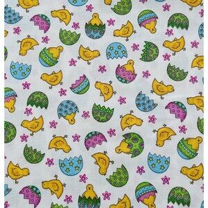 Easter Eggs Chicks & Flowers on White Cotton Easter Fabric BTY
